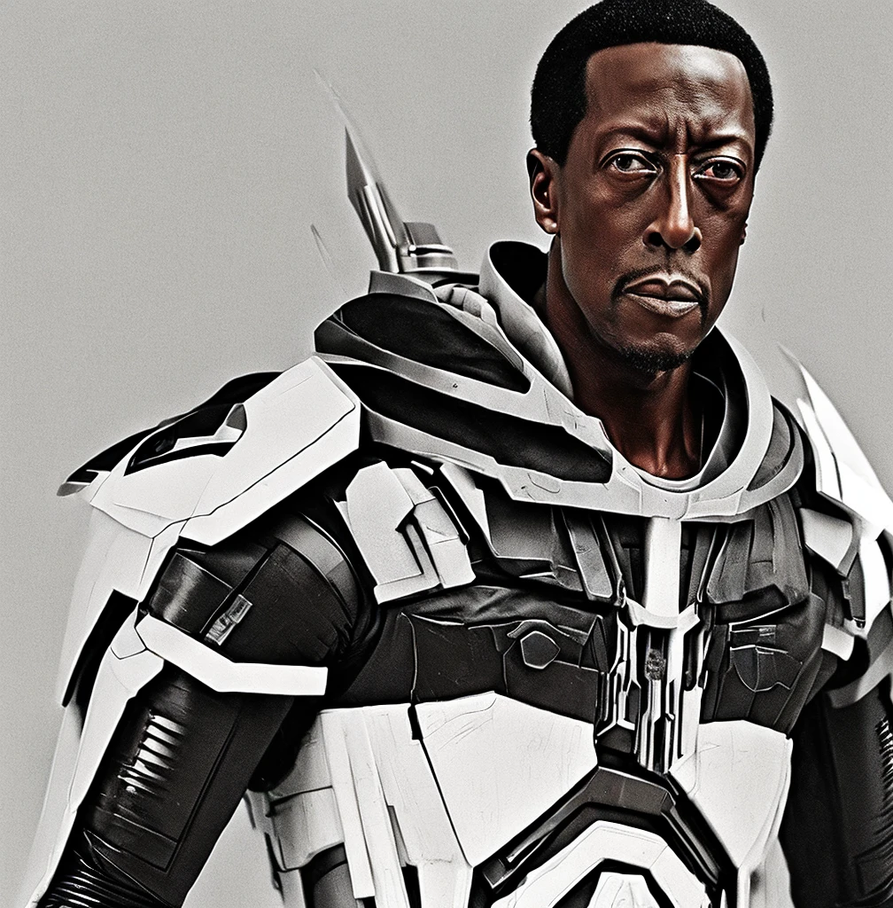 Wesley Snipes as Michael, the Right Hand of the Creator. Co-Leader of the Archangels, A crack squad of futuristic and highly technically advanced warriors. Ancient, but not old. Powerful, IN a white and black winged exo-mecha suit, tight fitting, open faced, with futuristic golden HALO-crown/helmet with visor
