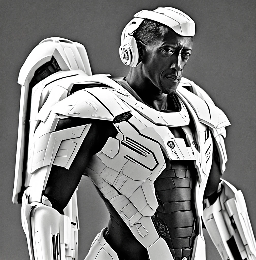 Wesley Snipes as Michael, the Right Hand of the Creator. Co-Leader of the Archangels, A crack squad of futuristic and highly technically advanced warriors. Ancient, but not old. Powerful, IN a white and black winged exo-mecha suit, tight fitting, open faced, with futuristic golden HALO-crown/helmet with visor
