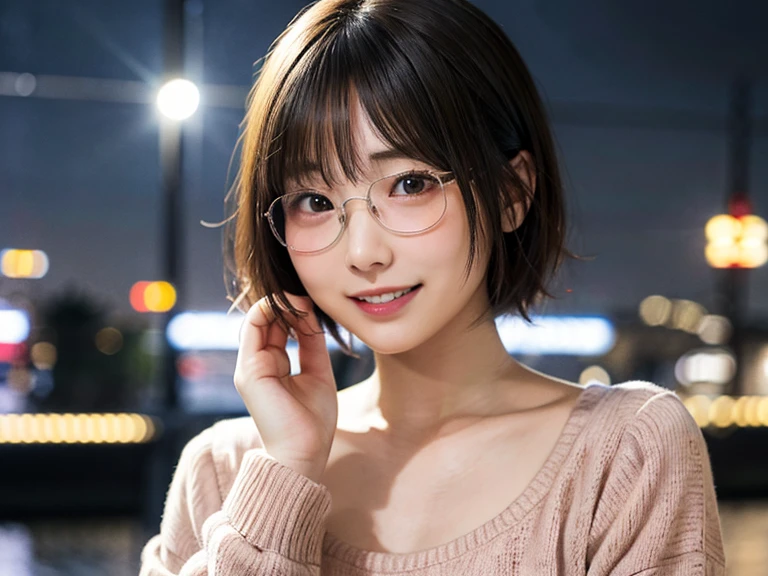 Japanese girl in casual clothes、Pay attention to your audience、Tokyo cityscape at night、(highest quality、Masterpiece)))、HD Fine、Very detailed、Masterpiece、Cinema Lighting、(8k、highest quality、Masterpiece:1.2)、(Realistic、Photorealistic:1.37) High resolution、Very detailed、Woman wearing glasses、A look of silence、Round Glasses、Asian, cute, cute顔, alone, short hair 1.2, Rough skin, Beautiful smile, Beautiful and detailed night sky, Night view, Cinema Lighting, Depth of written border, Lens flare light、date、(Blushing your nose)、、(Shut your mouth.)Small breasts、A beautiful eye for detail、(sweater:1.1)、(short hair:1.2)、Floating Hair Nova Frog Style、