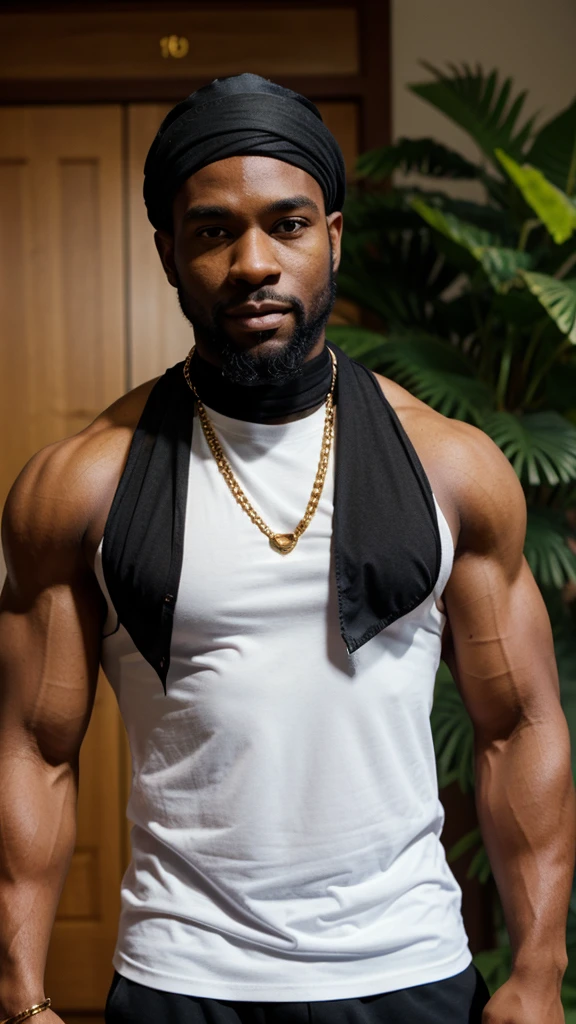 black man, buff, muscular, healthy, in his 30's, black bandana, trunk shirt, thin gold chain, beard, face front, white shirt, sleeveless shirt