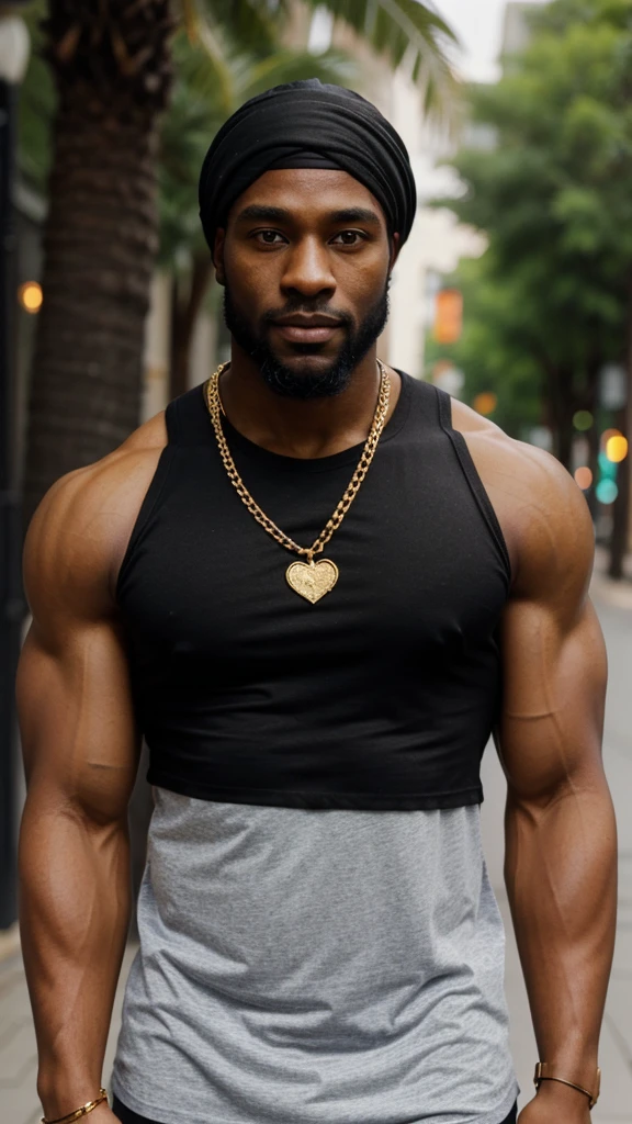 black man, buff, muscular, healthy, in his 30's, black bandana, trunk shirt, thin gold chain, beard, face front, white shirt, sleeveless shirt