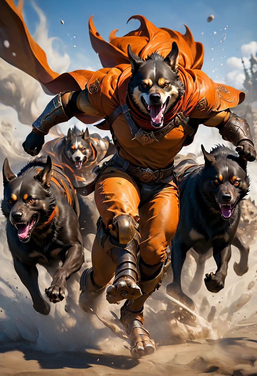 A typical hell hound stands 4–5 feet tall at the shoulder and weighs 120 pounds. Efficient hunters, a favorite pack tactic is to surround prey quietly, then attack with one or two hounds, driving prey toward the rest of the pack with their fiery breath. If the prey doesn’t run, the pack closes in. Hell hounds track fleeing creatures relentlessly.
Hell hounds are particularly favored by fire giants, as the creatures are immune to fire and share the fire giant’s sense of cruelty when it comes to handling intruders. Only when a fire giant goes too far toward treating a relatively intelligent hell hound like a pet do such alliances begin to falter. ((best quality, masterpiece, representative work, official art, professional, ultra intricately detailed, 8k)) ((very realistic))