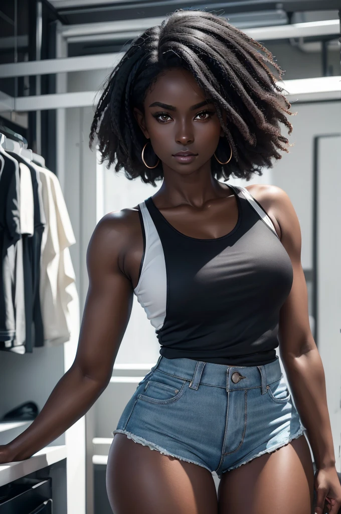 ((Extremely beautiful face)), ((very dark skin)), upper body, ((face focus)), tanktop, short shorts, full body