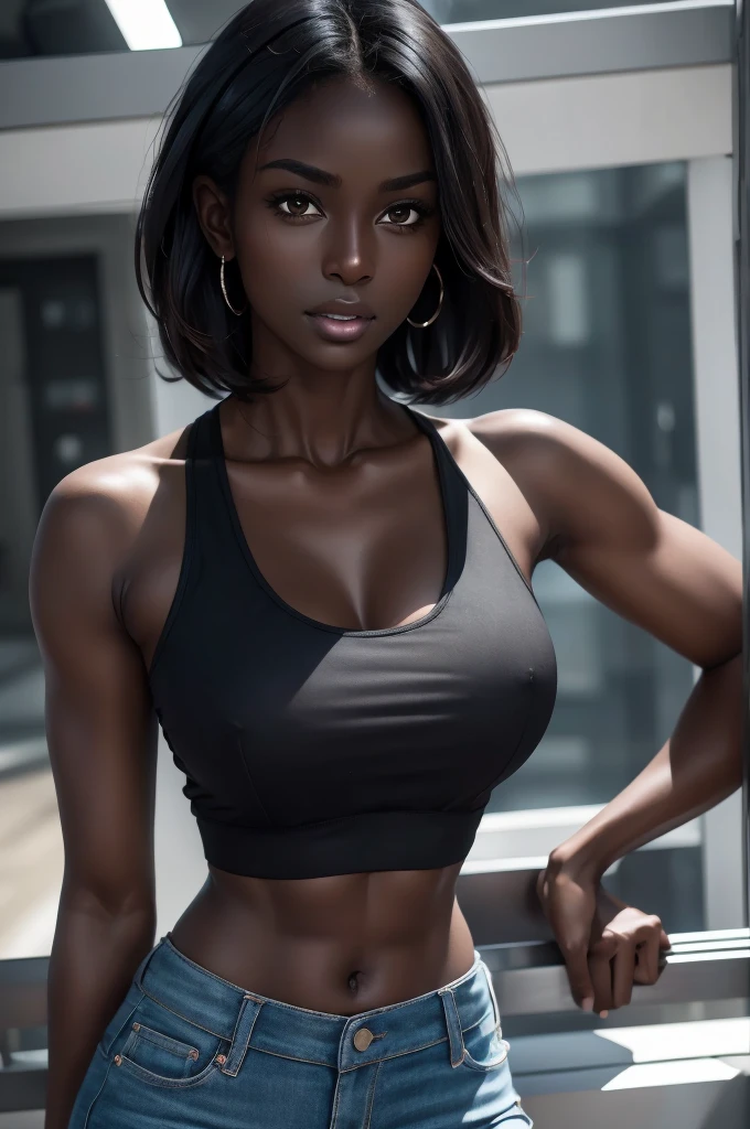 ((Extremely beautiful face)), ((very dark skin)), upper body, ((face focus)), tanktop, short shorts, full body