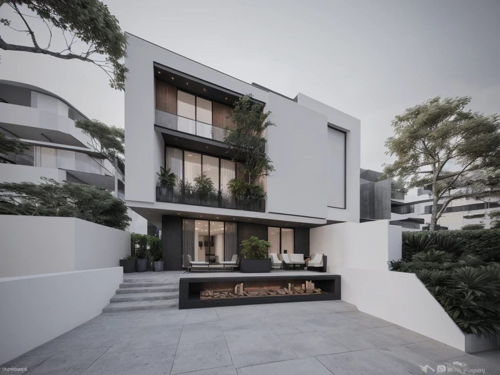 [modern Office house with a courtyard and 03 floors], high quality rendering, award-winning render, award winning render, Lumion render, professional render, architectural render, render to resolute perfection, exterior design, architectural visualization, architecture render, modern architecture design, inter dimensional villa, architectural 3d render, realistic CGI render, black and white color, dark color, wide 20m, deep 18m, heigh 11,5m, ([03 floors]), IOS 1600