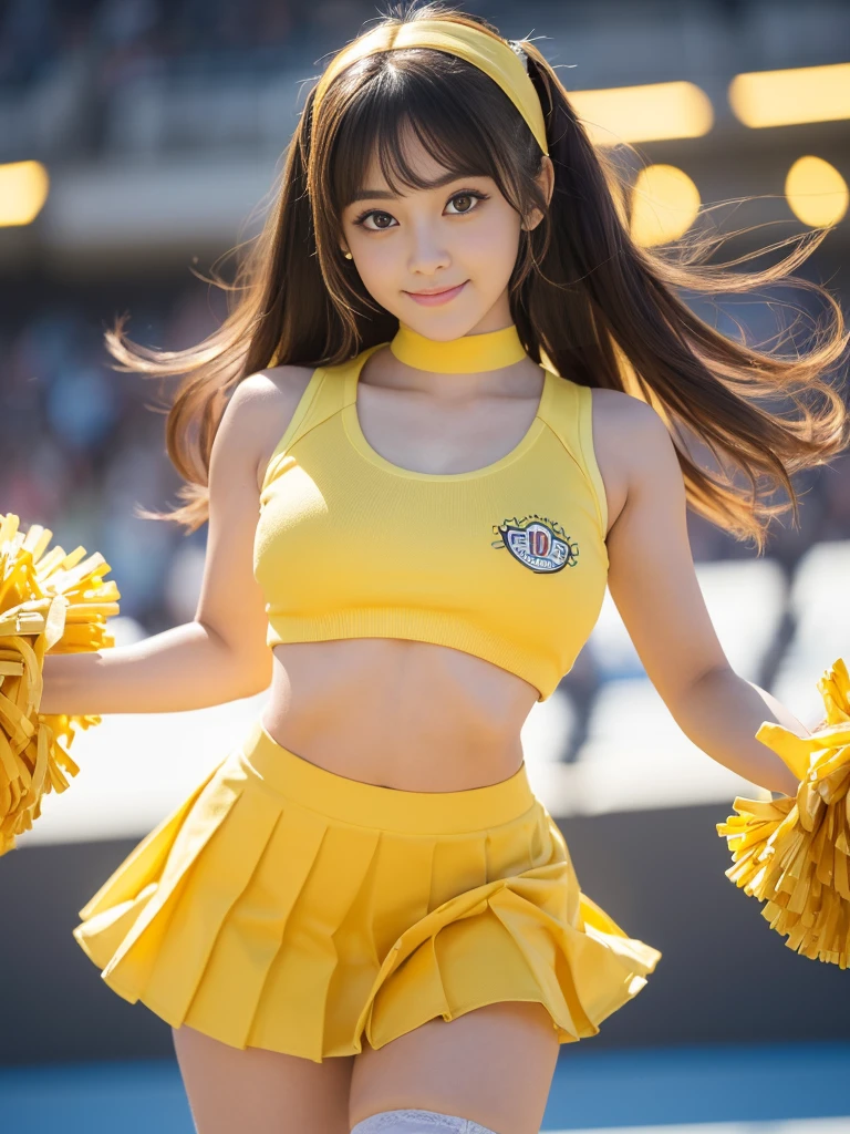 (Best-quality, Masterpiece, Ultra-High-Resolution, (Photorealistic:1.4), Raw Photo, depth of field, professional lighting, perfect anatomy, extremely details), 1girl, the most famous Japanese idol, (wearing yellow cheerleading-sleeveless-shirt, wearing yellow-cheerleading-pleated-skirt over white cheerleading-panties with cute-design), ((upturned hip)), ((extremely cute face, ((extremely cute big-eyes)), extremely cute hair), ((extremely beautiful and extremely realistic skins))), extremely beautiful legs, dynamic pose, looking at viewer, innocent smile, detailed yellow-cheerleading-sleeveless-shirt, detailed yellow-cheerleading-pleated-skirt, detailed white-cheerleading-panties-with-cute-design