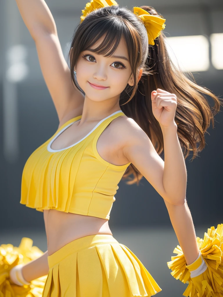 (Best-quality, Masterpiece, Ultra-High-Resolution, (Photorealistic:1.4), Raw Photo, depth of field, professional lighting, perfect anatomy, extremely details), 1girl, the most famous Japanese idol, (wearing yellow cheerleading-sleeveless-shirt, wearing yellow-cheerleading-pleated-skirt over white cheerleading-panties with cute-design), ((upturned hip)), ((extremely cute face, ((extremely cute big-eyes)), extremely cute hair), ((extremely beautiful and extremely realistic skins))), extremely beautiful legs, dynamic pose, looking at viewer, innocent smile, detailed yellow-cheerleading-sleeveless-shirt, detailed yellow-cheerleading-pleated-skirt, detailed white-cheerleading-panties-with-cute-design