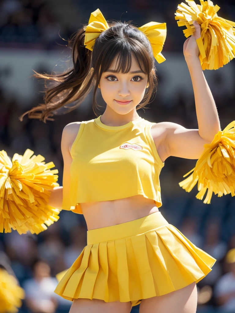 (Best-quality, Masterpiece, Ultra-High-Resolution, (Photorealistic:1.4), Raw Photo, depth of field, professional lighting, perfect anatomy, extremely details), 1girl, the most famous Japanese idol, (wearing yellow cheerleading-sleeveless-shirt, wearing yellow-cheerleading-pleated-skirt over white cheerleading-panties with cute-design), ((upturned hip)), ((extremely cute face, ((extremely cute big-eyes)), extremely cute hair), ((extremely beautiful and extremely realistic skins))), extremely beautiful legs, dynamic pose, looking at viewer, innocent smile, detailed yellow-cheerleading-sleeveless-shirt, detailed yellow-cheerleading-pleated-skirt, detailed white-cheerleading-panties-with-cute-design