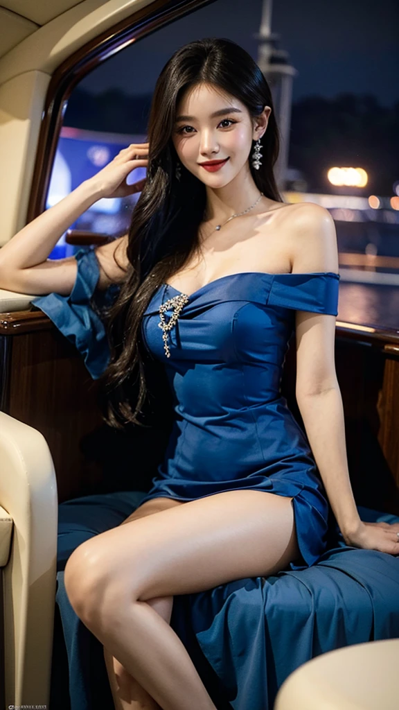 A sweet girl by the back yatch luxury,voluminous hair,Delicate face,Photorealsitic,of a real,largeaperture,blue dress luxury,A cropped dress,Off-the-shoulder,A dress around the neck,Slim,smiles,Ultra-high resolution, Blurred background