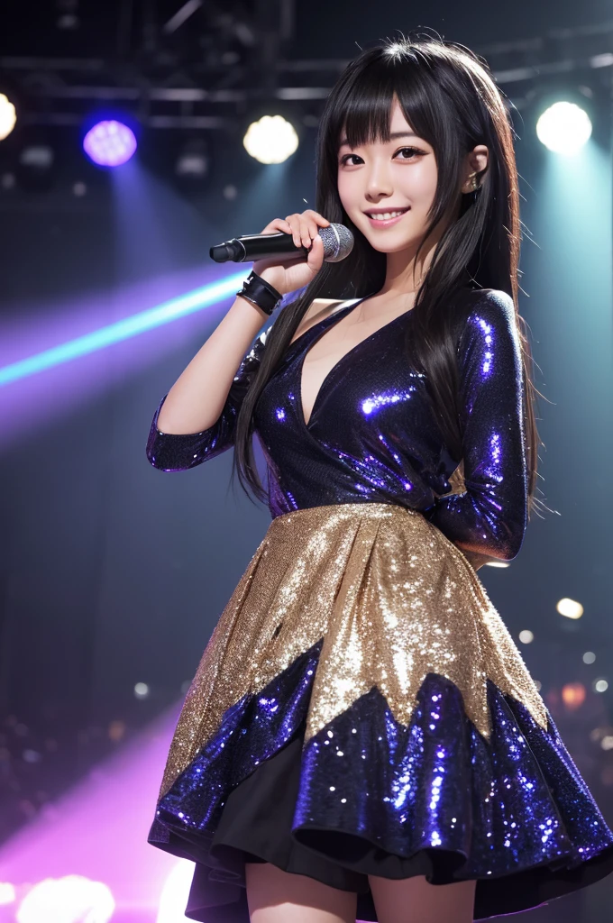 最high quality,Very detailed,finely,High resolution,8k wallpaper,Perfect dynamic composition,Young Japanese Woman,Age 25, Black Hair, thin, 4K, 8k, high quality, beauty, smile, Beautiful Eyes, Characterized by simplicity, High resolution,1 person,Japanese Idols,stage,microphone,Idol Costumes,Glittering costumes,Laser Light