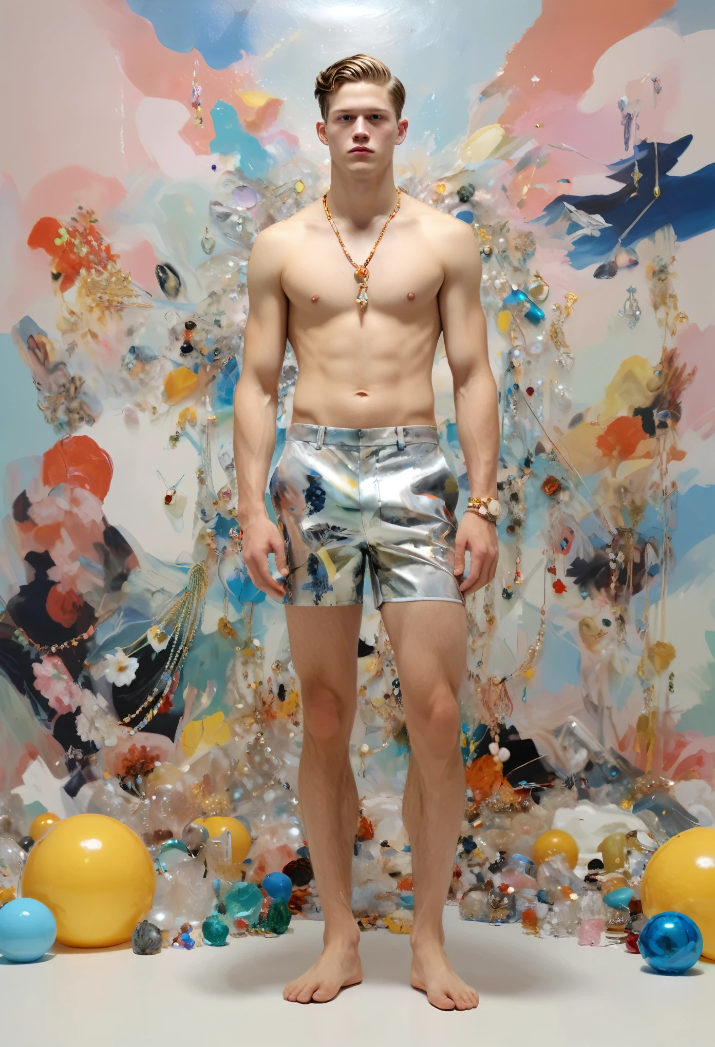 Sexy young male,Jewelry & Jewelry, topless, full-body shot, shorts, Art Deco, Decorative Arts, byPetra Cortright, best quality, masterpiece, 8K