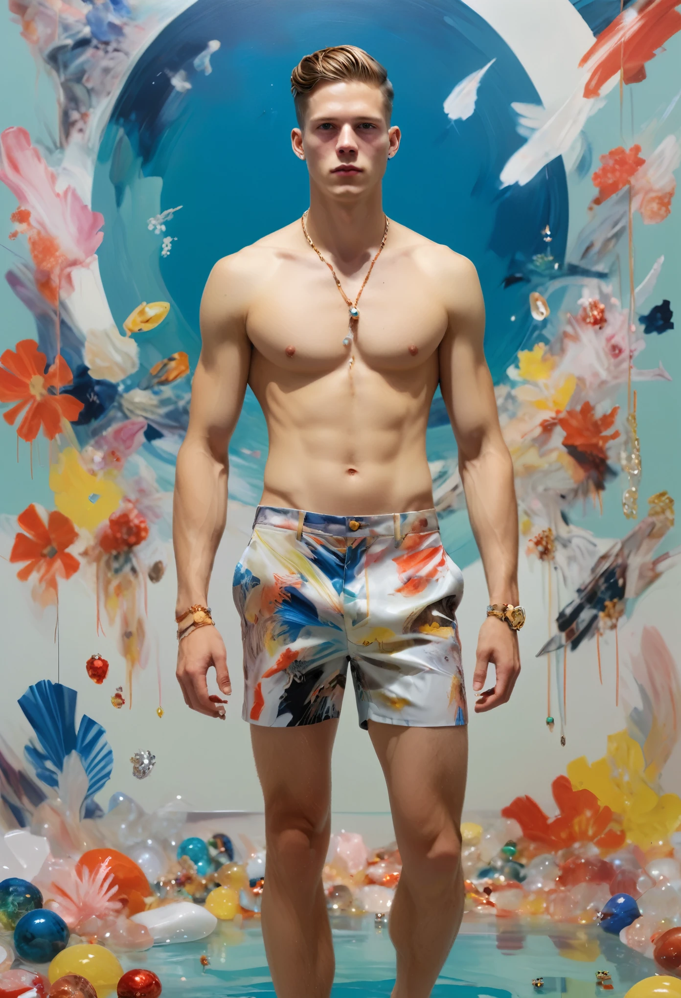 Sexy young male,Jewelry & Jewelry, topless, full-body shot, shorts, Art Deco, Decorative Arts, byPetra Cortright, best quality, masterpiece, 8K