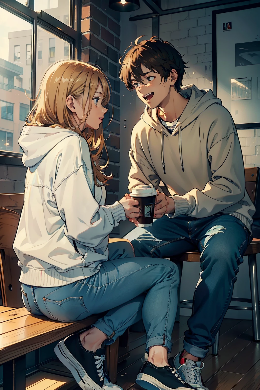 (Masterpiece), High Quality, 2people, Anna, Mark, café, inside café, Realistic, 8K Wallpaper, High resolution, Emotional connection, (Anna: 1.5), (Mark: 1.5), Cute twenty-something couple, Anna with long brown wavy hair, hazel eyes, figure, wearing a red sweater with a white collar, black jeans, and Converse sneakers; Mark with short blonde hair, green eyes, lean muscular build, wearing a gray hoodie, blue jeans, and Vans sneakers. (Spilled coffee on both of them), (Both laughing), (One hand on a messy coffee cup),