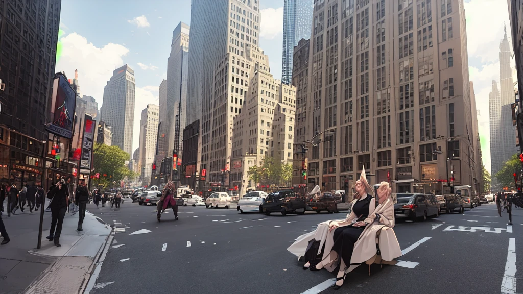masterpiece, highest quality, Queen of the Cloud Elves performs on the streets of New York, casual, Sitting, I&#39;m playing the guitar, dark moody lighting, night sky, night, Starry Sky, Sparkling, dark, (smile:0.8)