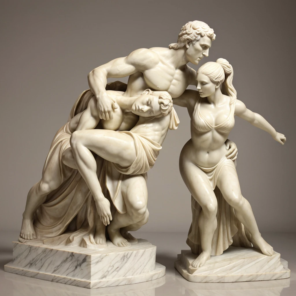 a black and white photo of a gothic style statue of the couple African American Kanye West and Kim Kardashian ' holding each other in a erratic pose with impeccable quality having a good time. realistic 8k bernini sculpture, porcelain Kanye West and Kim Kardashia' statue, ancient gothic sculpture, classical sculpture, sculpture of Kanye West and Kim Kardashian, sculpture, cgi clay sculpture, classical marble sculpture, classic sculpture, a marble sculpture, carved marble statue, classical statue, 3 d sculpture of carving marble, classic greek art, he should be posed in confidence.