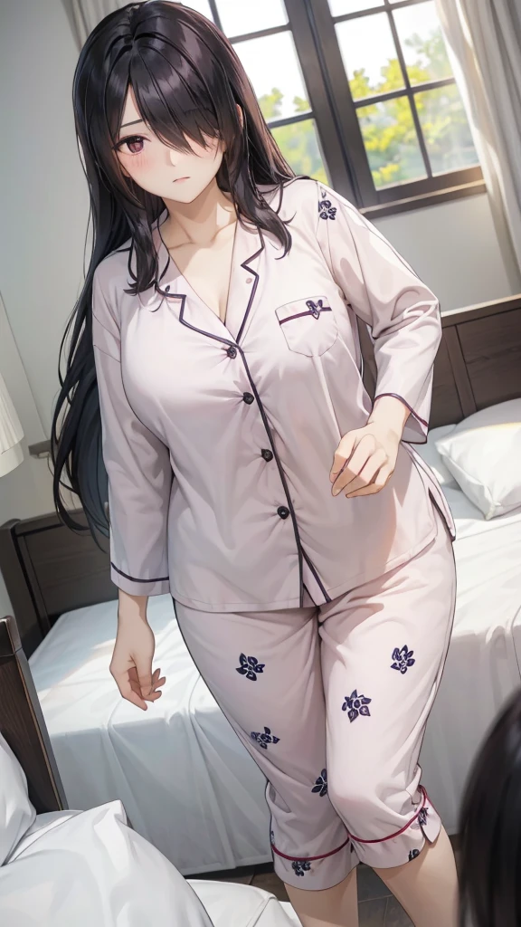 1girl, mature women,perfect ,black hair, long hair, (hair over one eye:1.4), messy hair, hair between eyes,plump ,saggy breast, flower motif pajama, cute shy blush on , bedroom 