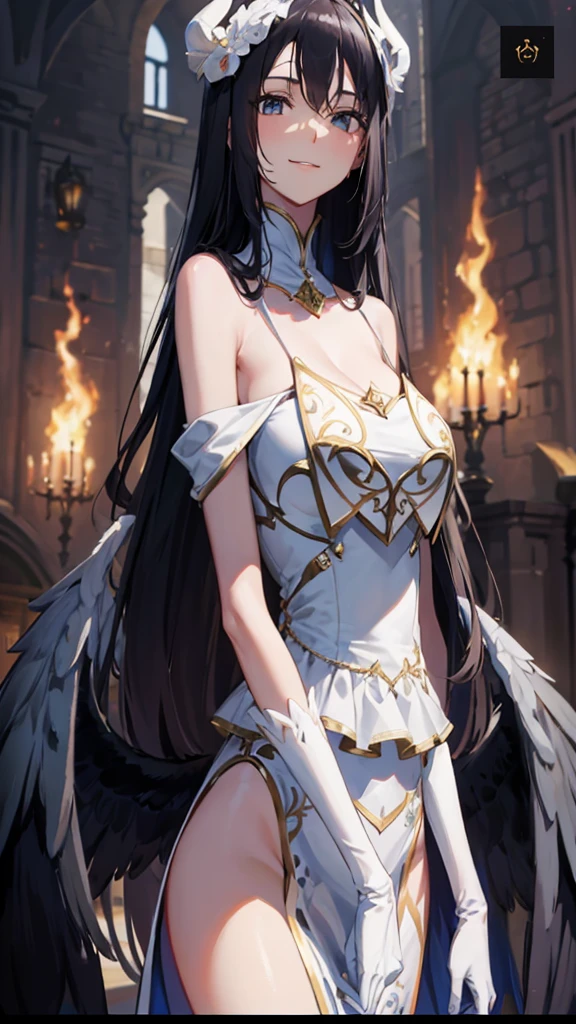 traje de sirvienta sonriendo fondo de un castillo guantes asules con las manos sosteniendo una espada 