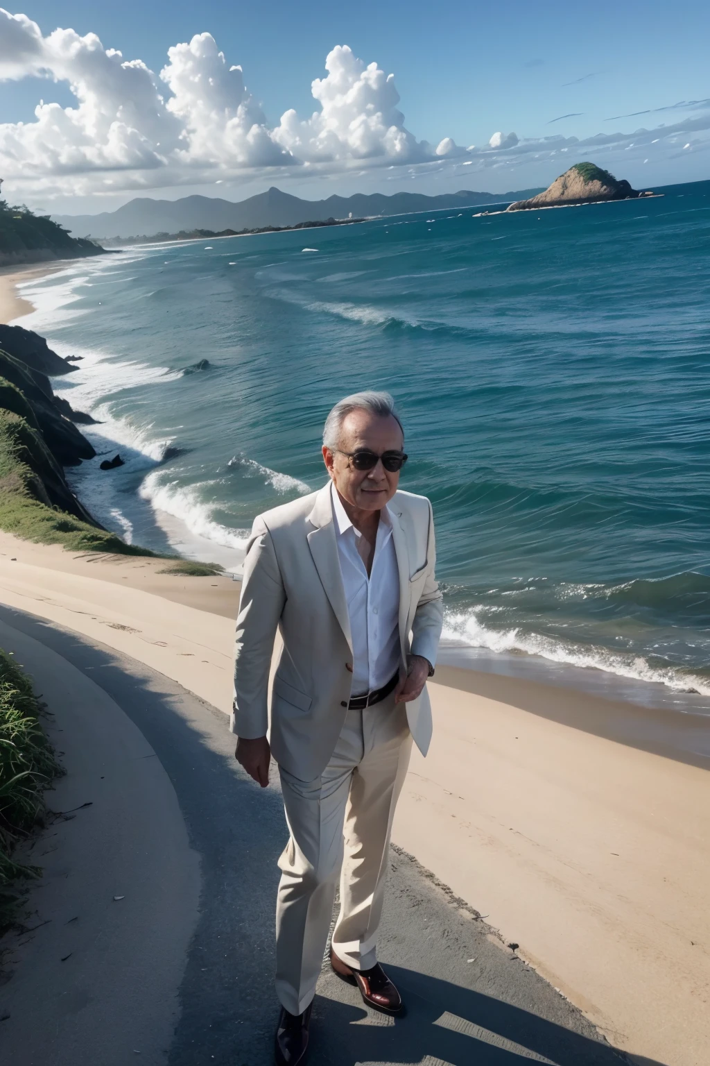 Senhor de 45 anos elegante bem sucedido navegando com sua lancha numa bela praia