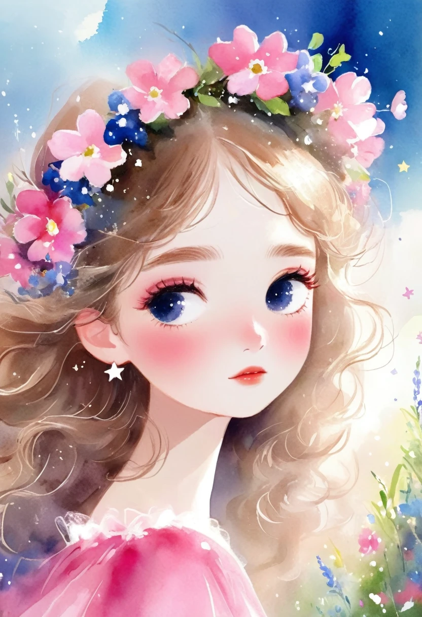 desenho aquarela, A in a pink dress and pink and white flower crown, segurando flores , rough texture,Hand-drawn style, dreamy sky, nuvem, Star, Cabelo loiro, olhos azuis claros, gossamer, Illustration of a fairy tale, A masterpiece under bright Luz, fantastic art, Luz! A arte da magia, arte de conto de fadas, arte inspiradora, obras de arte requintadas