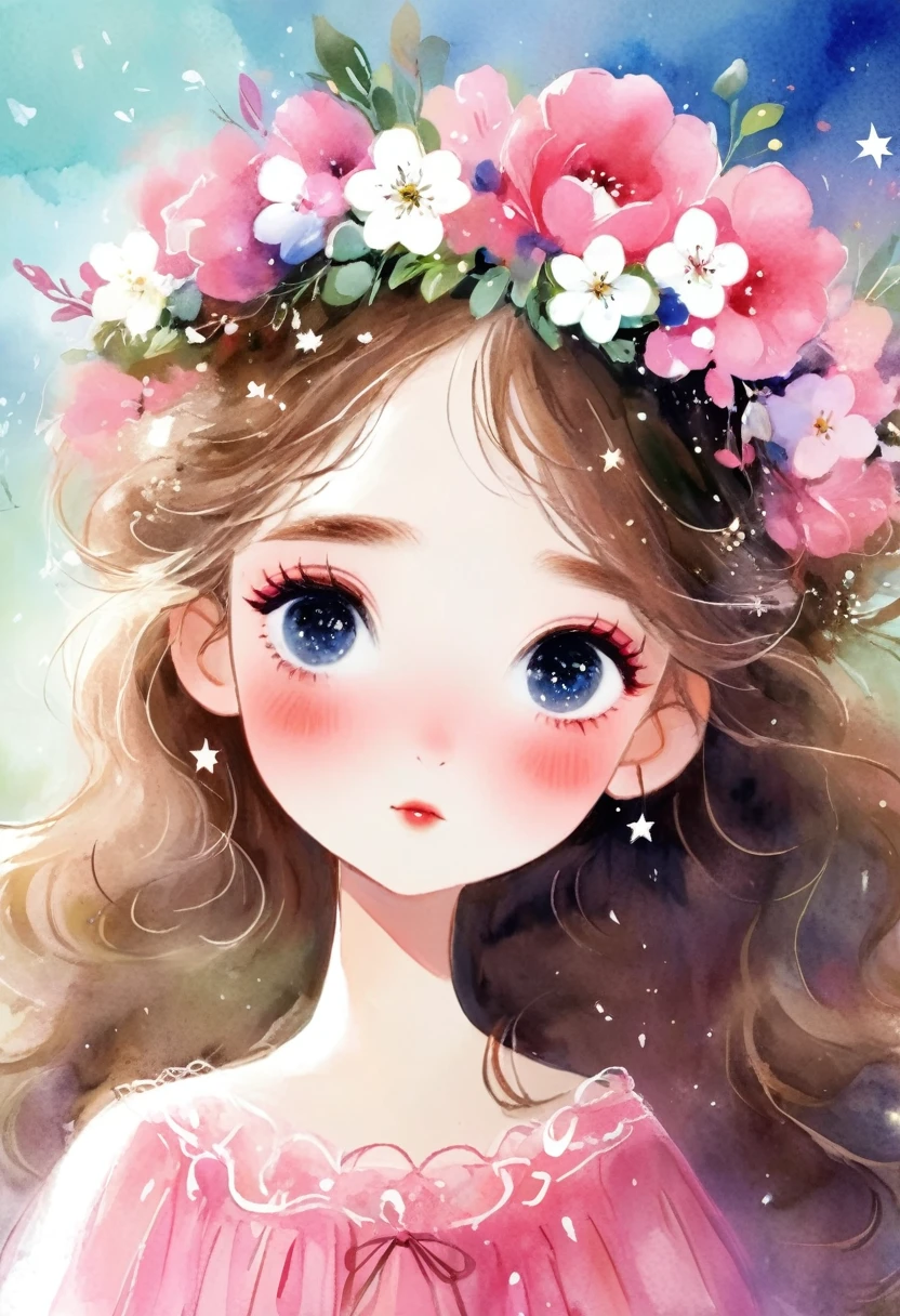 desenho aquarela, A in a pink dress and pink and white flower crown, segurando flores , rough texture,Hand-drawn style, dreamy sky, nuvem, Star, Cabelo loiro, olhos azuis claros, gossamer, Illustration of a fairy tale, A masterpiece under bright Luz, fantastic art, Luz! A arte da magia, arte de conto de fadas, arte inspiradora, obras de arte requintadas