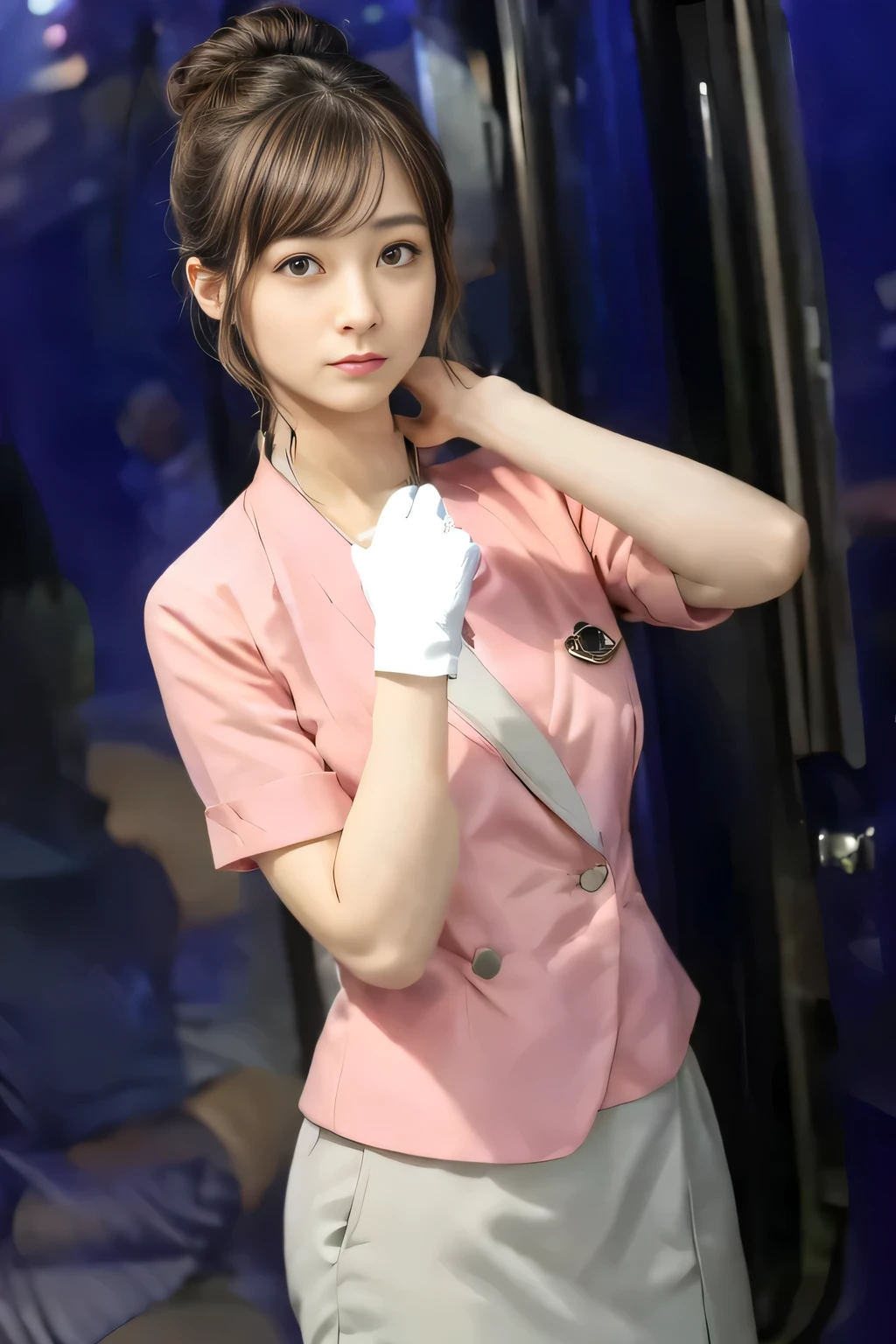 (masterpiece:1.2, highest quality:1.2), 32K HDR, High resolution, (alone、1 girl)、(On the rooftop of a building in the daytime、Professional Lighting)、Building rooftop background、(Nankai train crew uniform pinkを着たリアルスタイル)、(Nankai train crew uniform pink short sleeve collarless pink jacket、Nankai Train Crew Uniform Pink Collarless Short Sleeve Blouse、Nankai Train Crew Uniform Pink Grey Knee-length Culottes)、((The bottom of the pink short-sleeved jacket cannot be tucked into the clay-colored culottes.))、Dark brown hair、(Hair tied up、Hair Bun、Hair Bun)、Dark brown hair、Long Shot、Big Breasts、Thin legs、((Great hands:2.0)),((Harmonious body proportions:1.5)),((Normal limbs:2.0)),((Normal finger:2.0)),((Delicate eyes:2.0)),((Normal eyes:2.0)))、(Nankai Train Crew Uniform Pink Grey Knee-length Culottesを見せた美しい立ち姿)、Captivating look