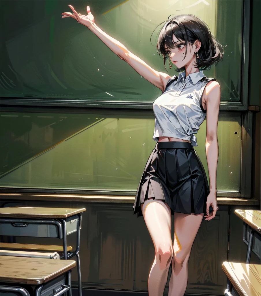 full body, solo, alone, perfect anatomy, correct body, ideal ratio of body proportions, tearful mole, earring, medium hair, black hair, medium tits, golf wear, summer shirt, skirt, sleeveless, ((in classroom)),