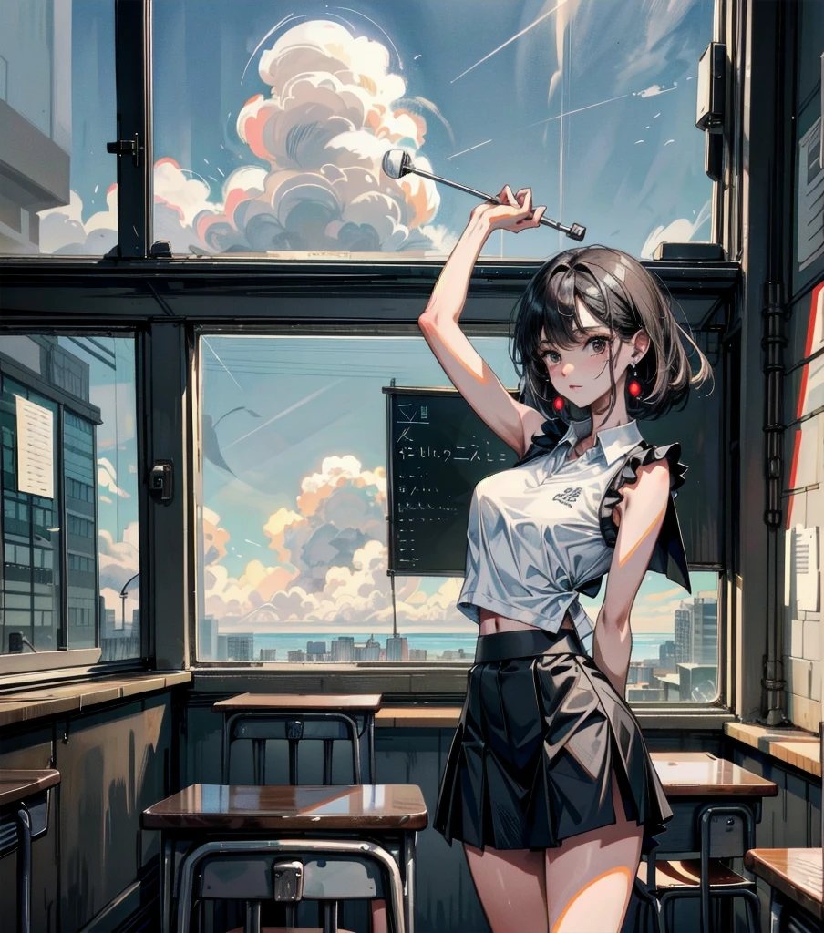 full body, solo, alone, perfect anatomy, correct body, ideal ratio of body proportions, tearful mole, earring, medium hair, black hair, medium tits, golf wear, summer shirt, skirt, sleeveless, ((in classroom)),