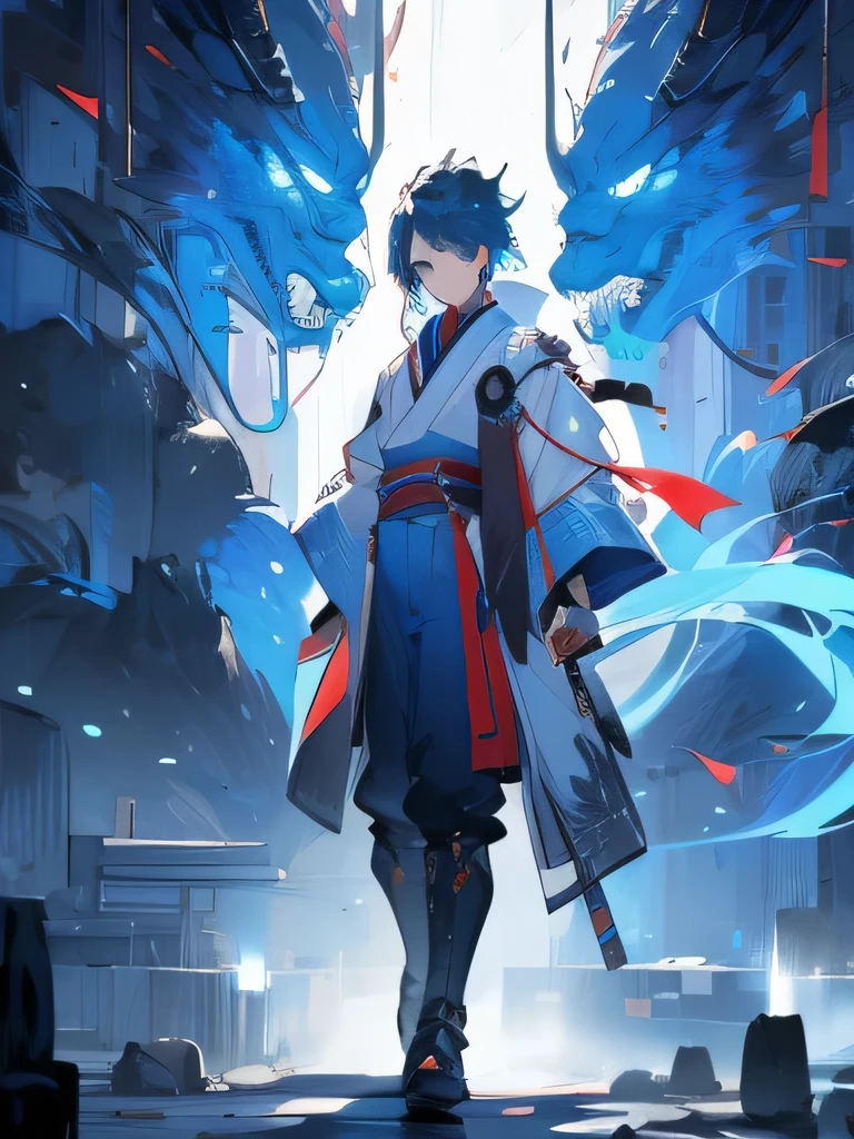 Blue hair, samurai boy, dragon behind (( best quality)), ((master piece)), ((full body))