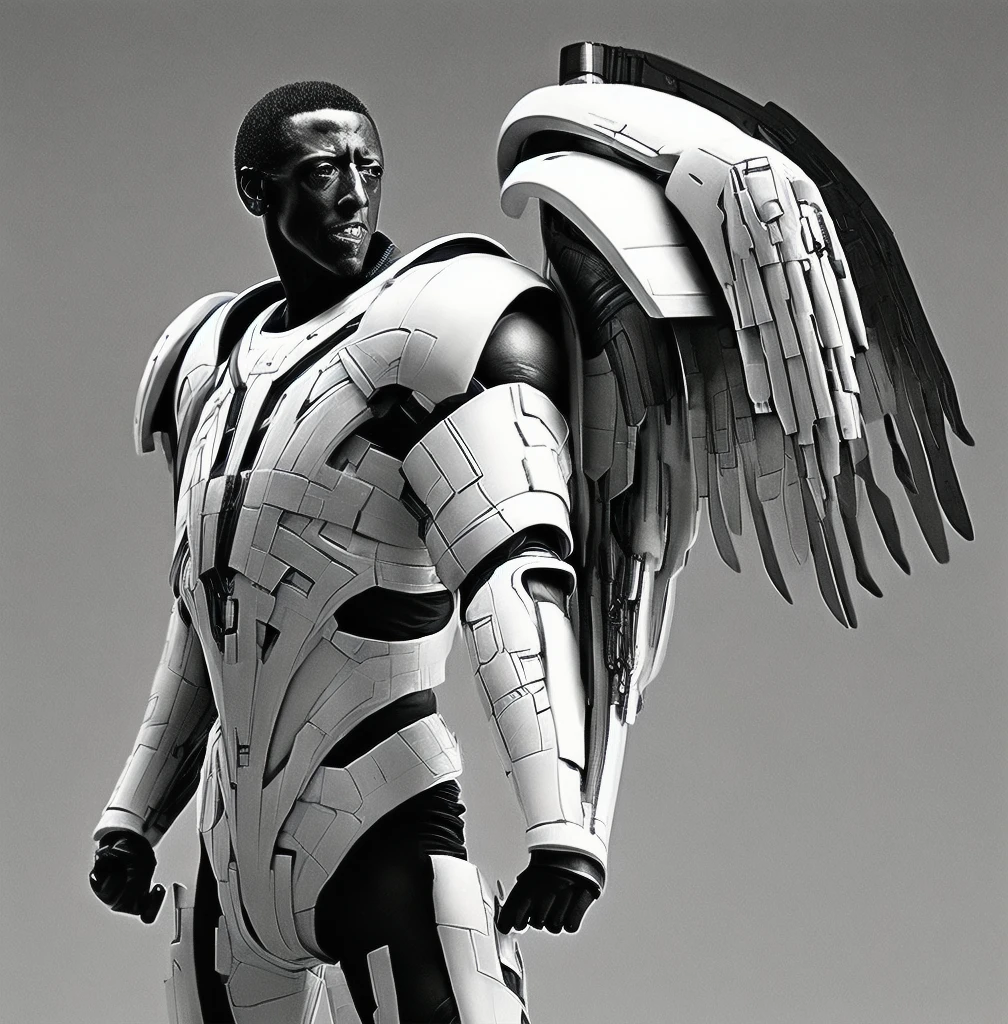 Wesley Snipes as Michael, the Right Hand of the Creator. Co-Leader of the Archangels, A crack squad of futuristic and highly technically advanced warriors. Ancient, but not old. Powerful, IN a white and black winged exo-mecha suit, tight fitting, open faced, with futuristic golden HALO-crown/helmet with visor
