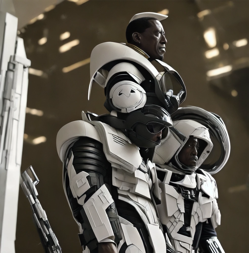 Wesley Snipes as Michael, the Right Hand of the Creator. Co-Leader of the Archangels, A crack squad of futuristic and highly technically advanced warriors. Ancient, but not old. Powerful, IN a white and black winged exo-mecha suit, tight fitting, open faced, with futuristic golden HALO-crown/helmet with visor
