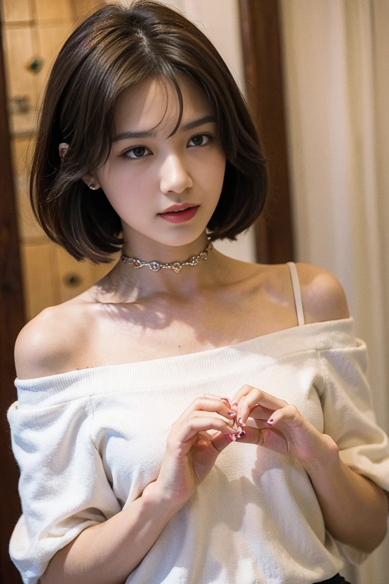 masterpiece, ultra detailed, female , woman, shy, making a heart with hands, looking down, short hair, brown hair, pale skin, slender, off shoulder top, choker, nail polish, 20-year-old, japanese, Joyful Scene