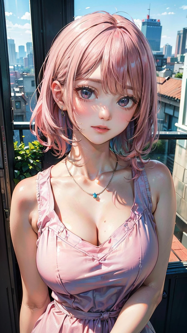 (Masterpiece, BestQuality:1.3), (ultra detailed:1.2), (hyperrealistic:1.3), (RAW photo:1.2), High detail RAW color photo, professional photograph, (Photorealistic:1.4), (realistic:1.4), professional lighting, perfect anatomy, (Big Breasts:1.2), (blush, detailed face), (cheerful Smile:1.5), Trending Hair&Trending Hairカラーをランダムに, earrings, necklace, bracelet, sexy, erotic sexy, Random sexy gravure poses, (A beautiful pink-haired woman wearing casual pastel-colored clothes、A colorful cityscape in the background。She has an innocent smile。: 1.3)
