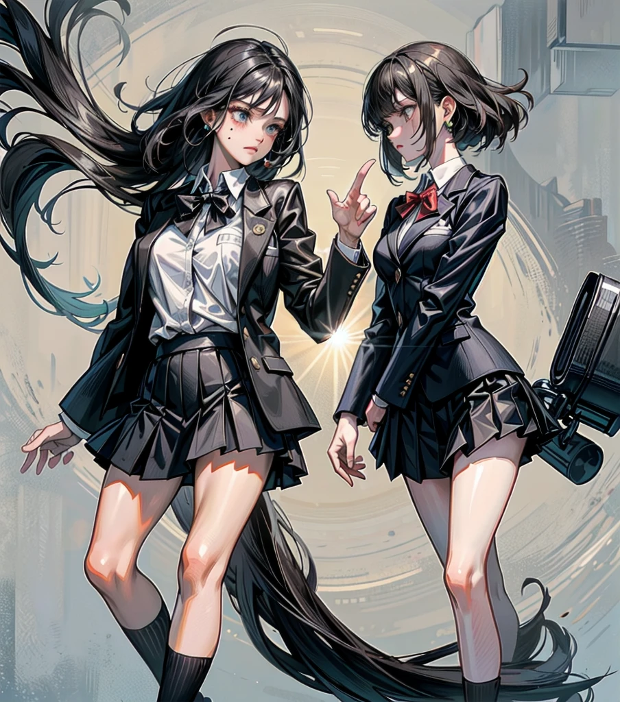 full body, solo, alone, perfect anatomy, correct body, ideal ratio of body proportions, tearful mole, earring, medium hair, black hair, medium tits, ((school_uniform)), (blazer),