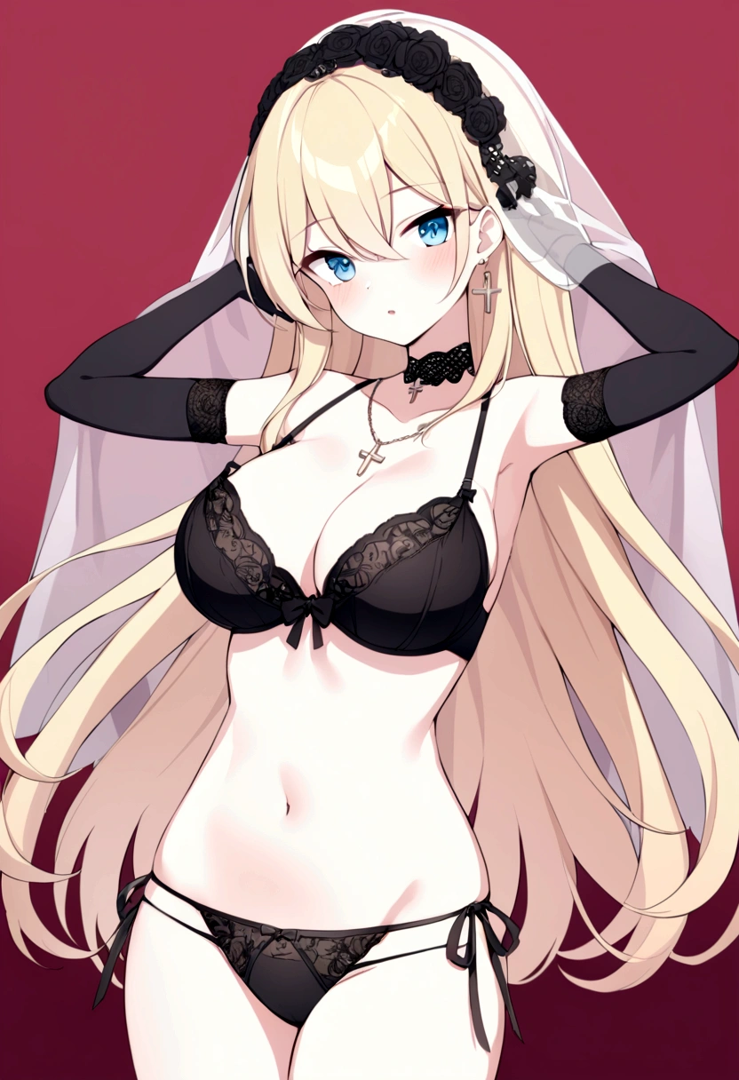 slender, mature female,  1girl, veil, gloves, breasts, jewelry, long_hair, blonde_hair, earrings, cross, blue_eyes, solo, black_gloves, navel, underwear, rating:safe, elbow_gloves, cleavage, looking_at_viewer, large_breasts, bare_shoulders, panties, cross_earrings, red_background, stomach, bridal_veil, choker, blush, very_long_hair, collarbone, black_panties, necklace, hair_between_eyes, eyebrows_visible_through_hair, bangs, sidelocks, see-through, black_bra, lingerie, bra, parted_lips, cross_necklace, lace, hands_up, headdress, side-tie_panties, hand_up, bow, cowboy_shot, detached_collar, hair_ornament, upper_body, straight_hair