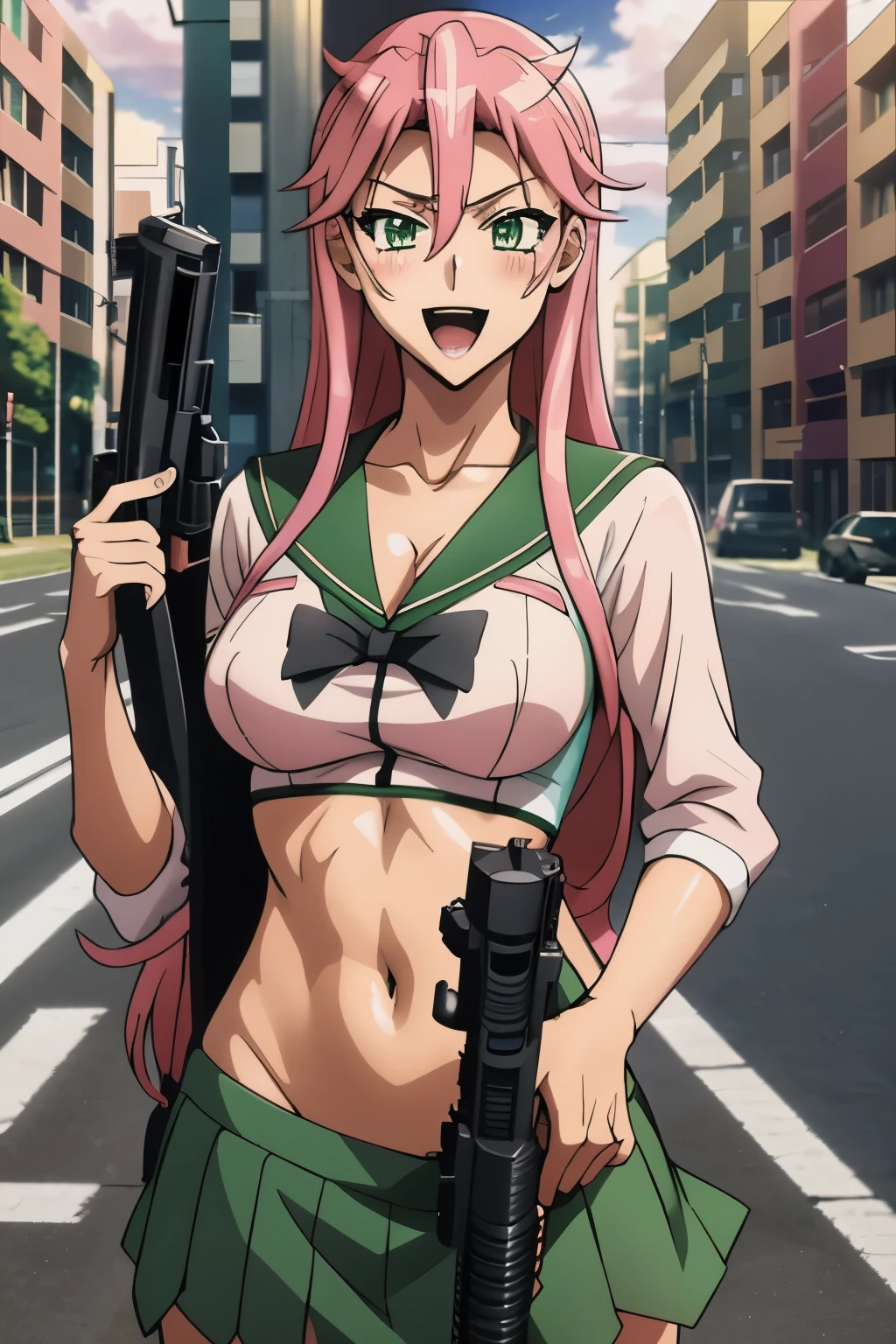 1girl, long hair, pink hair, green eyes, megustume, blush, lipstick, evil smile, masterpiece, best quality, highly detailed, a anime girls in sailor uniforms with a gun posing for a picture,
evil smile, smile, open mouth,black_serafuku, ecchi anime style, anime girls , (nsfw) not safe for work,
ecchi style, ecchi, shipgirls, digital anime art!!, high school girls, holding a gun, hold a gun, anime style 4
k, micro skirt, exposed belly, exposed navel, exposed midriff,
exposed lower belly,school, classroom