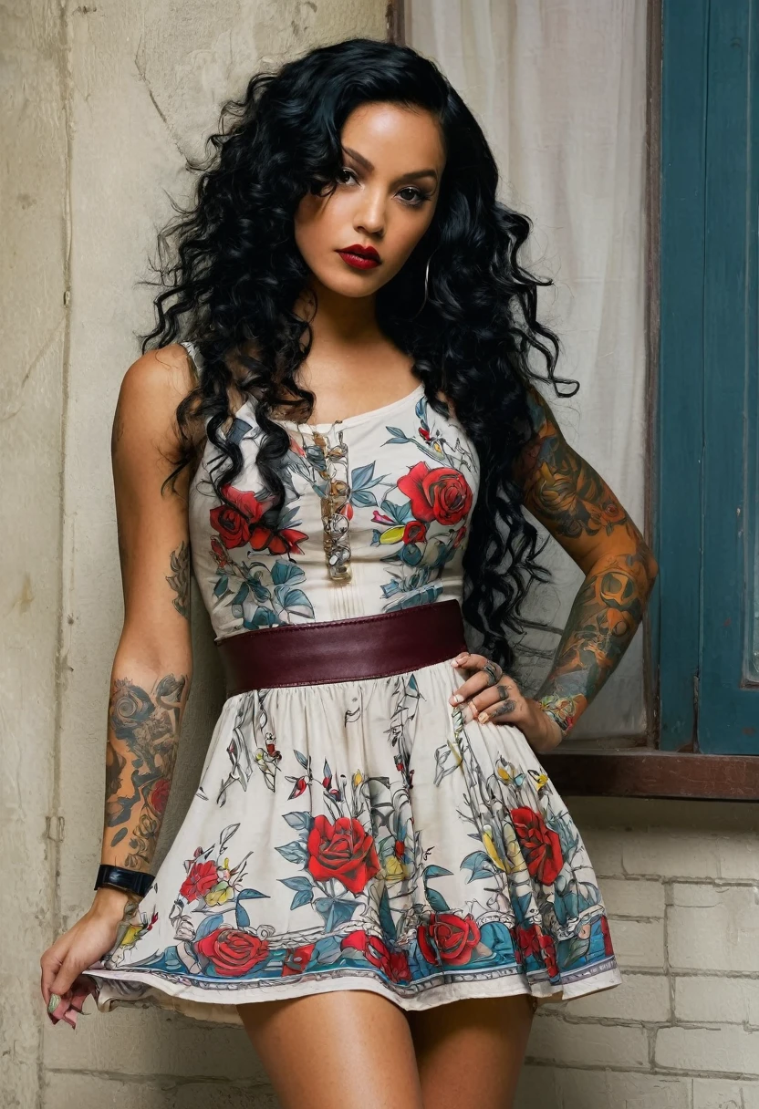 *dark honey skin girl long black curly hair 5’5 tattoos on her arms and thighs wearing a sundress standing behind jason todd*