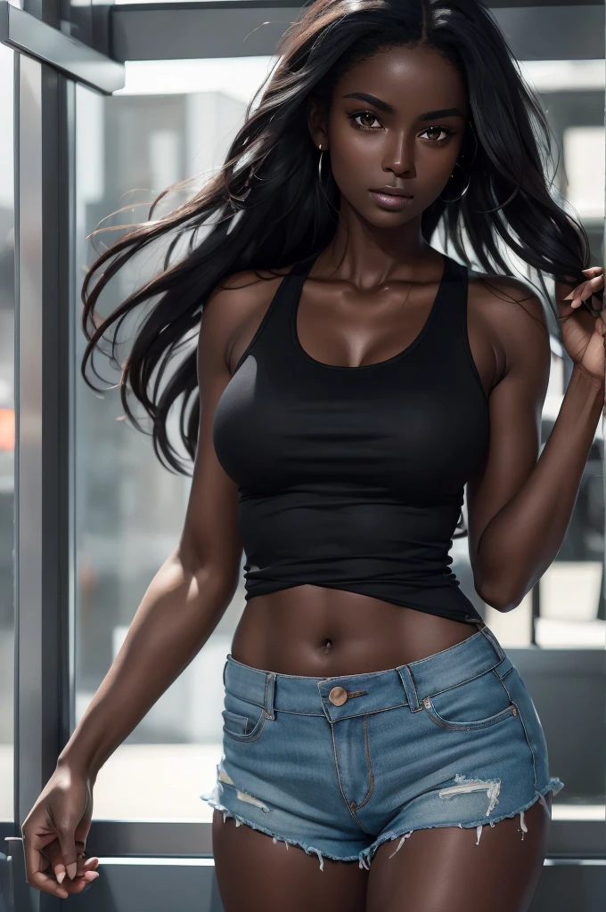 ((Extremely beautiful face)), ((very dark skin)), upper body, ((face focus)), tanktop, short shorts, full body, long messy hair