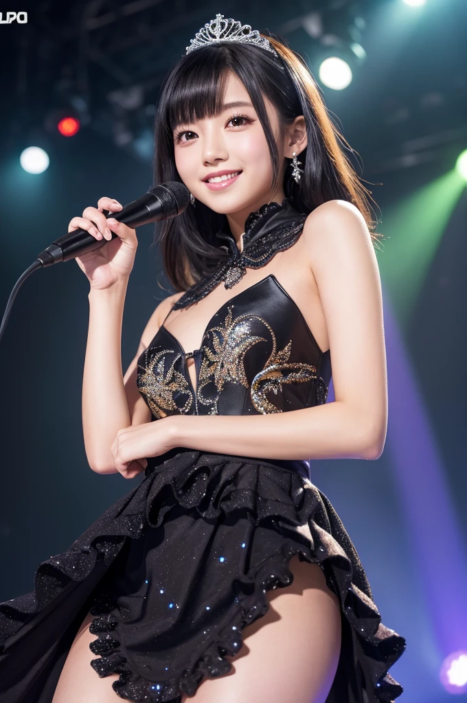 最high quality,Very detailed,finely,High resolution,8k wallpaper,Perfect dynamic composition,Young Japanese Woman,Age 25, Black Hair, thin, 4K, 8k, high quality, beauty, smile, Beautiful Eyes, Characterized by simplicity, High resolution,1 person,Japanese Idols,stage,microphone,Idol Costumes,Glittering costumes,Laser Light,Frill dress,Princess