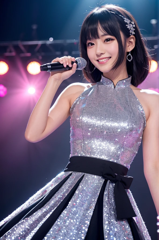 最high quality,Very detailed,finely,High resolution,8k wallpaper,Perfect dynamic composition,Young Japanese Woman,Age 25, Black Hair, thin, 4K, 8k, high quality, beauty, smile, Beautiful Eyes, Characterized by simplicity, High resolution,1 person,Japanese Idols,stage,microphone,Idol Costumes,Glittering costumes,Laser Light,Frill dress,Princess