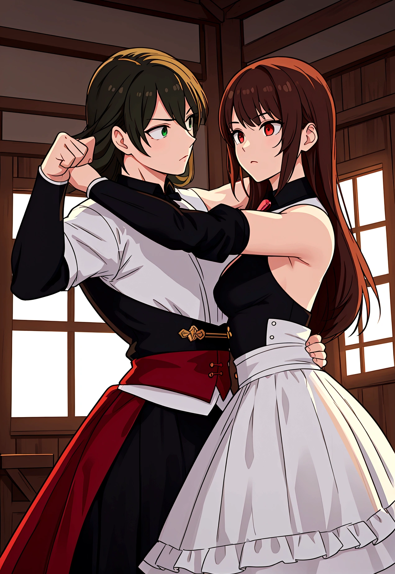 fighting poses, woman engaging in brutal fist fight with man attacker, Otome style clothing, staring into each other's eyes, medieval bedroom, Princess, light-colored dress, butler, fists thrown, hot, curvy, muscular man, long brown hair green eyes, short black hair red eyes, ultra-detailed, 8k, highres, masterpiece, photorealistic, vivid colors, dynamic lighting, dramatic pose, cinematic composition, contrasting color scheme character designs,