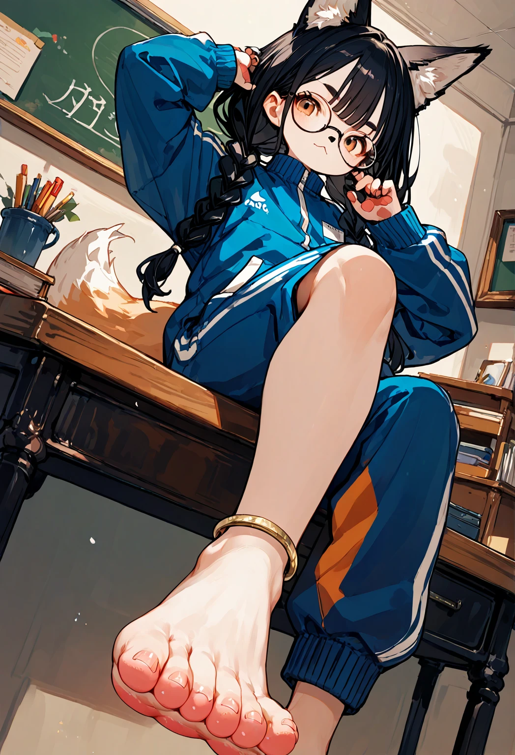 score_9, score_8_up, score_7_up, score_6_up,score_5_up, source_anime, source_furry, anthro, furry, female, fox girl, hadrian, solo, black hair,baggy blue and white track suit,baggy blue and white track pants,glasses,black hair,low twin braids, ,desk,sitting on desk,foot up,barefoot,soles,foot focus,paw_sloe,sharp_toenails, pawpads, from below,anklet,bare legs,chalkboard,