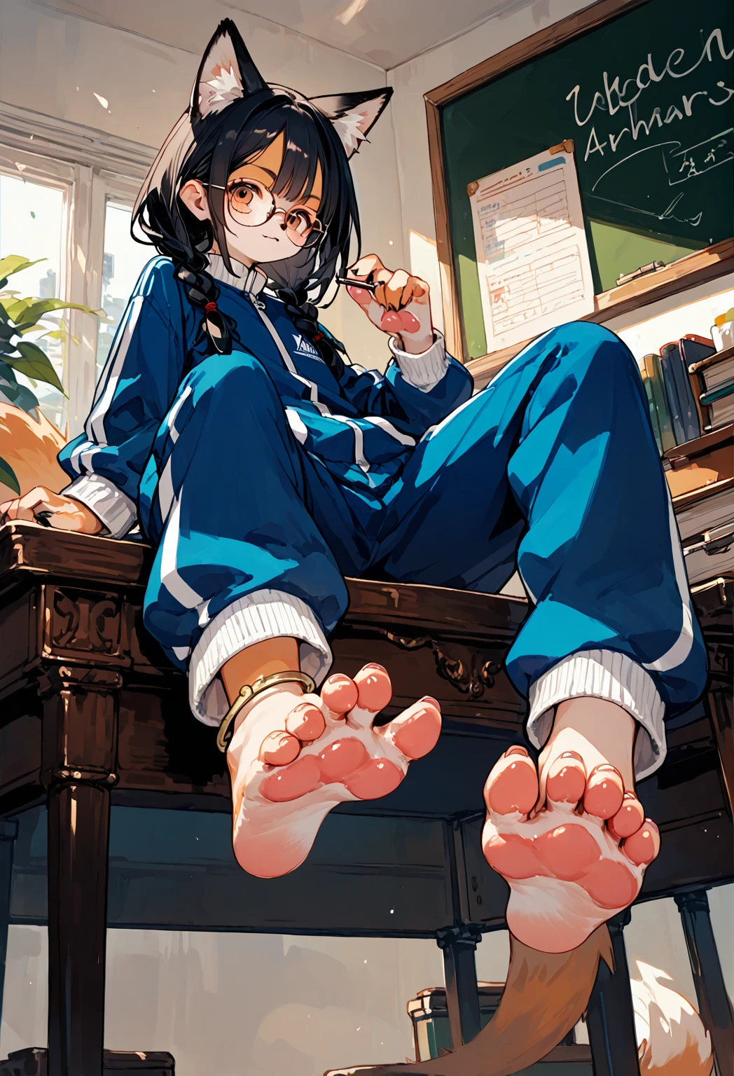 score_9, score_8_up, score_7_up, score_6_up,score_5_up, source_anime, source_furry, anthro, furry, female, fox girl, hadrian, solo, black hair,baggy blue and white track suit,baggy blue and white track pants,glasses,black hair,low twin braids, ,desk,sitting on desk,foot up,barefoot,soles,foot focus,paw_sloe,sharp_toenails, pawpads, from below,anklet,bare legs,chalkboard,
