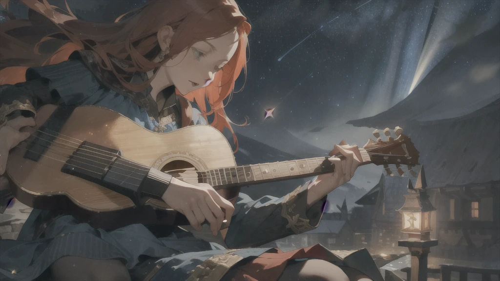 Layered textures,middle ages,Fantasy,Female Bard,Redhead,Long Hair,Playing Acoustic Guitar,night,Starry Sky