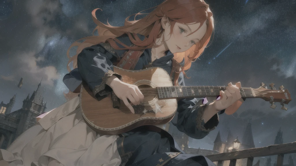 Layered textures,middle ages,Fantasy,Female Bard,Redhead,Long Hair,Playing Acoustic Guitar,night,Starry Sky