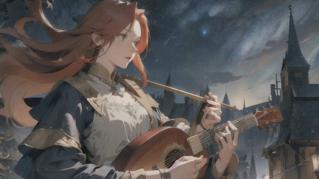 Layered textures,middle ages,Fantasy,Female Bard,Redhead,Long Hair,Playing Acoustic Guitar,night,Starry Sky