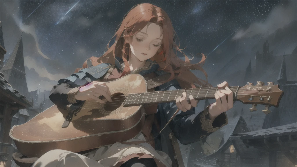 Layered textures,middle ages,Fantasy,Female Bard,Redhead,Long Hair,Playing Acoustic Guitar,night,Starry Sky