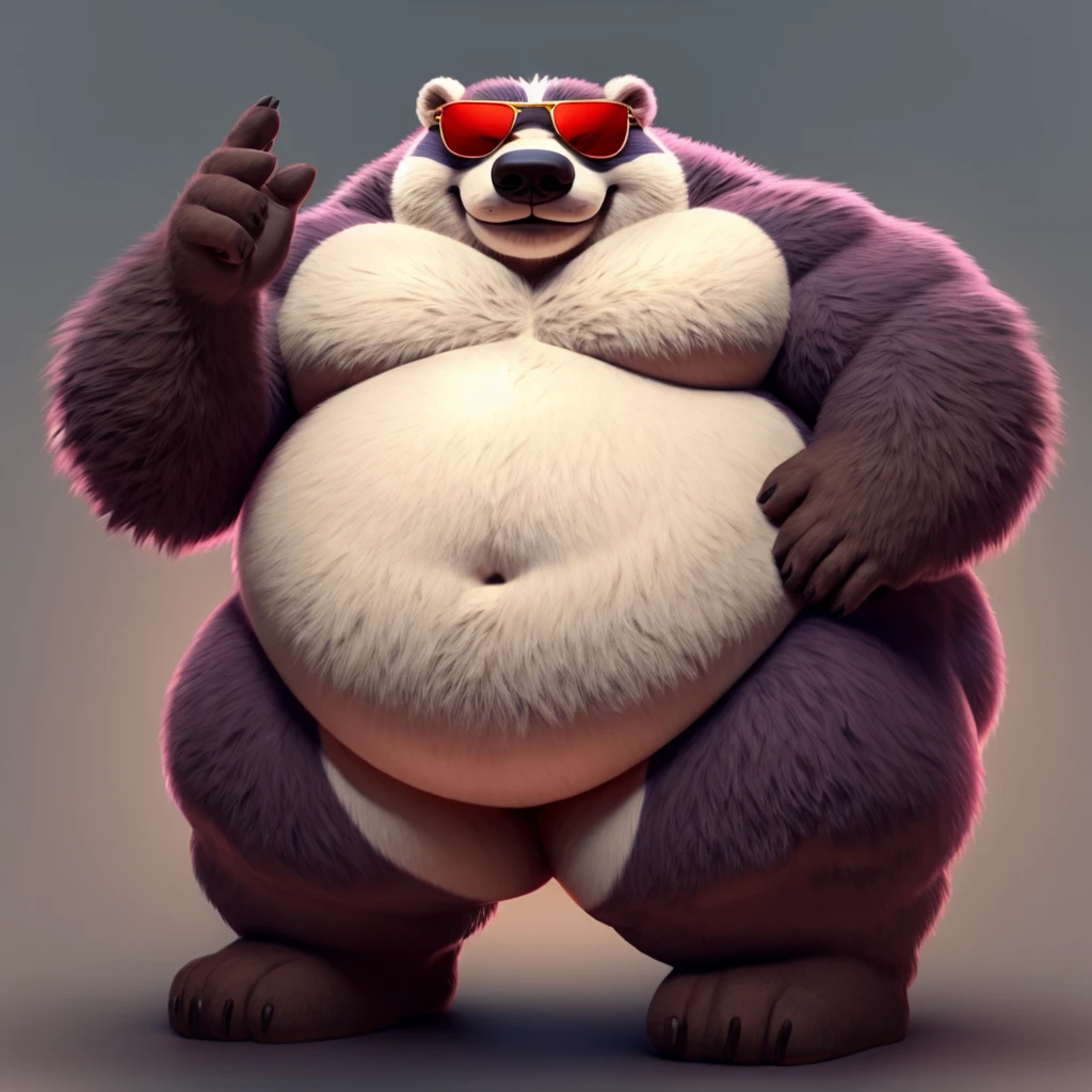 Fat BadgerClops big belly and large body and his big chunky body wearing sunglasses and his butt is big,He wants a Hug and Love