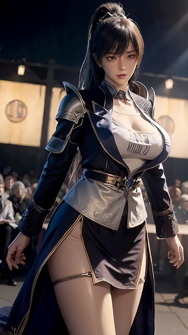 (ultra high resolution, 8K original image, lifelike, thin outline), (movie lighting, Textile shading),  (huge breasts , split), 1 female knight, ((,milf:1.2)), 20 years old, (Knight skirt), blush, in hot state, ashamed, looking at the audience, silver hair, night, Clothes that highlight body lines, (Dynamic angle, from the center below), , 