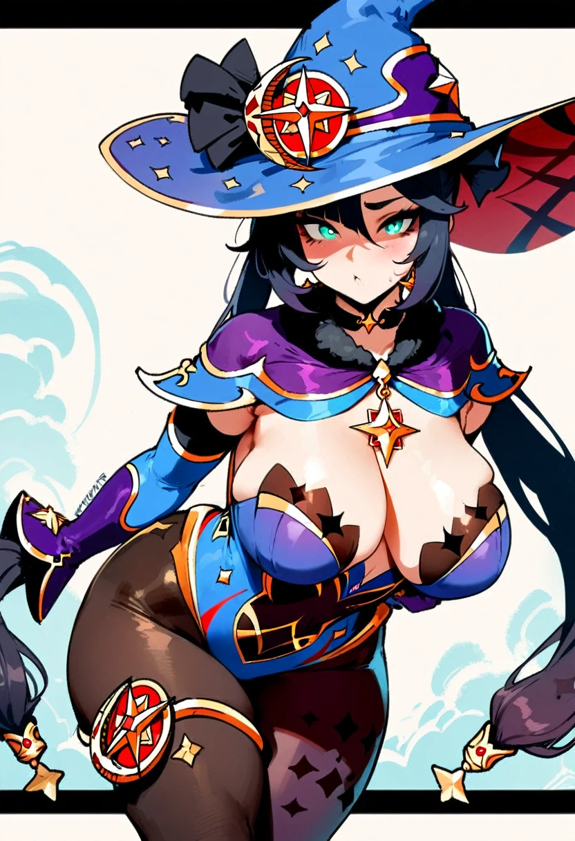 1girl, mona \(genshin impact\), genshin impact \\\\\ masterpiece, best quality, very aesthetic, absurdres, newest \\\\\\ slim body,///// ,by nyantcha,cutesexyrobutts , by khyle,,////// ,,solo,, , ,,detailed face, , ,, , , wallpaper, , beautiful face, sexy, , pantyhose, rating:nsfw,, blush, , white background, big tits, hat