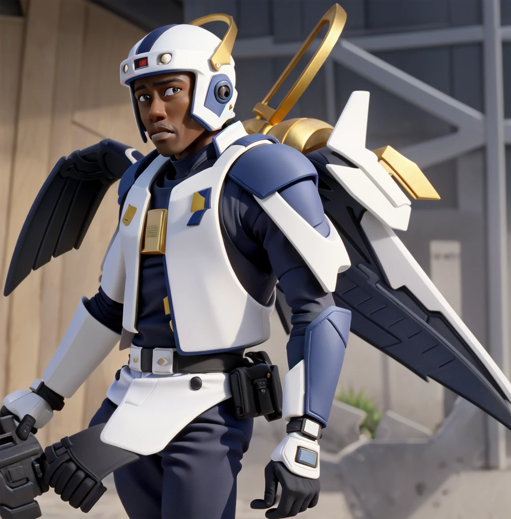 Wesley Snipes as Michael, the Right Hand of the Creator. Co-Leader of the Archangels, A crack squad of futuristic and highly technically advanced warriors. Ancient, but not old. Powerful, IN a white and black winged exo-mecha suit, tight fitting, open faced, with futuristic golden HALO-crown/helmet with visor
